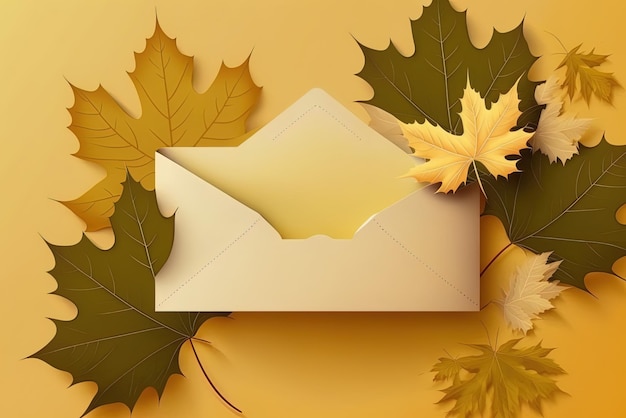 Yellow backdrop with maple leaves and paper envelope copy space