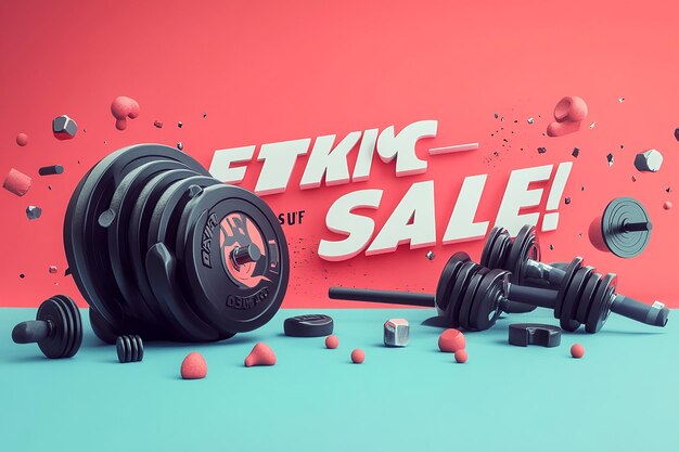 Photo yellow background colorful dumbbells sale announcement