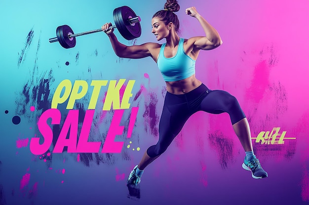 Photo yellow background colorful dumbbells sale announcement