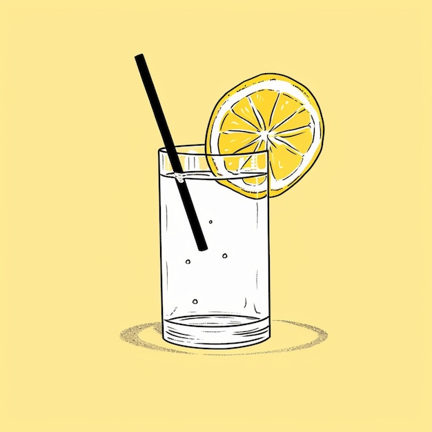 A yellow background has a glass of lemonade and a straw in it.