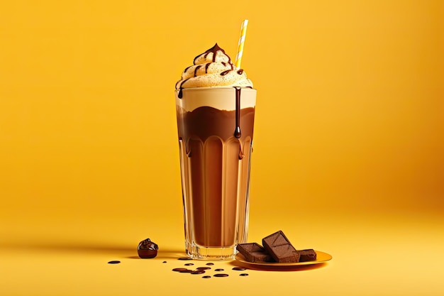 A yellow background holds a glass filled with a chocolate milkshake representing a refreshing bever