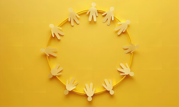 Photo on a yellow background paper people are chain creating a circle with room for words unity idea generative ai