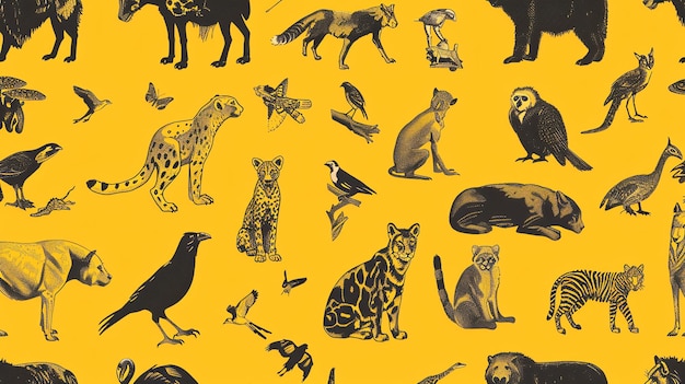 Photo yellow background pattern with black animal illustrations