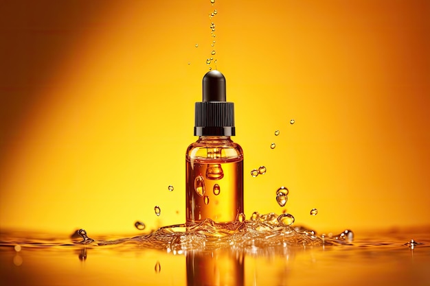 On a yellow background there is a brown amber glass dropper bottle for cosmetics It is surrounded