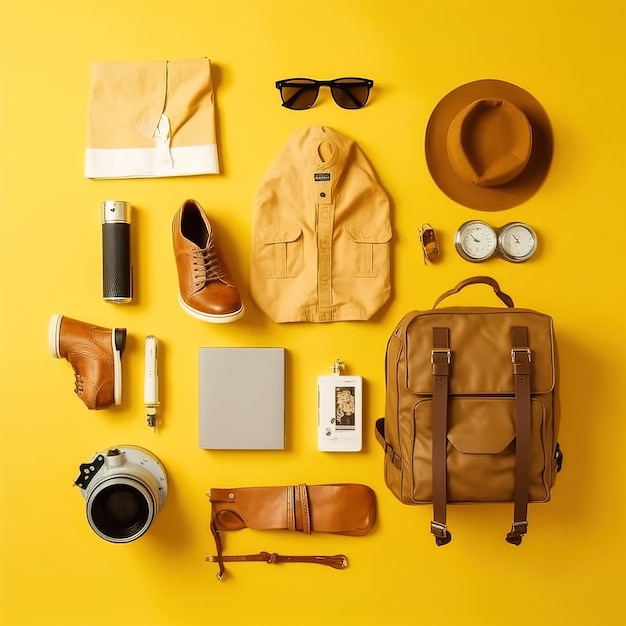 A yellow background with a bag, sunglasses, a camera, a camera, a hat, and sunglasses.