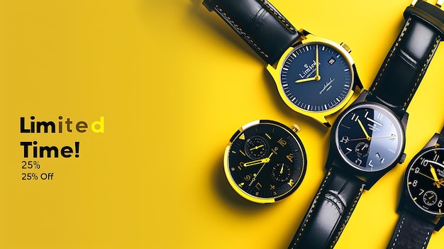 Photo a yellow background with a black watch that says the time is 3  35