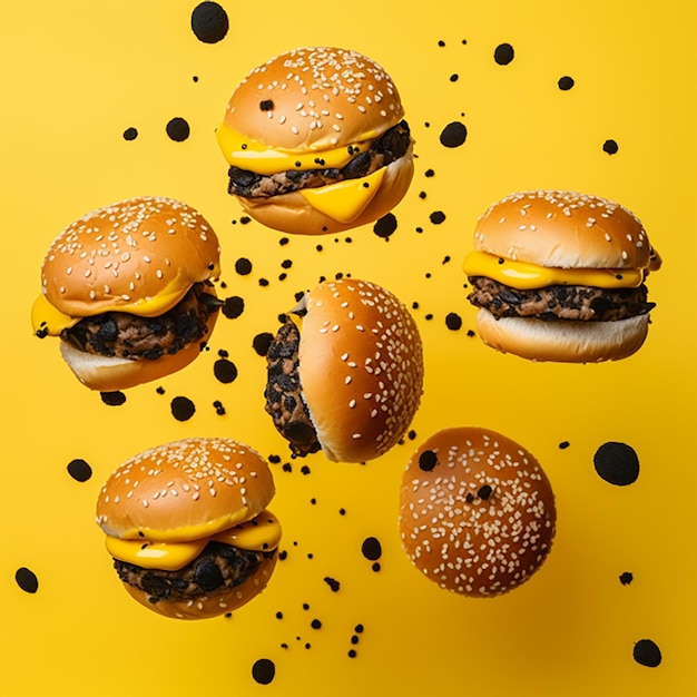 A yellow background with a bunch of burgers and one has a black circle on it.