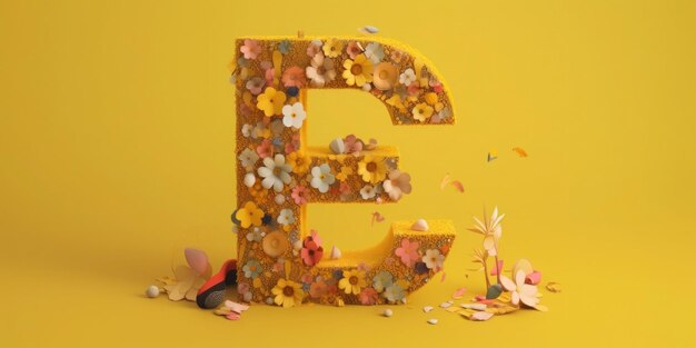 A yellow background with flowers and a letter e