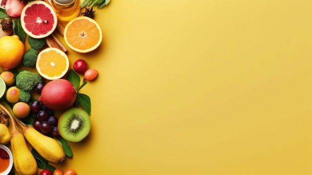 A yellow background with fruits and vegetables