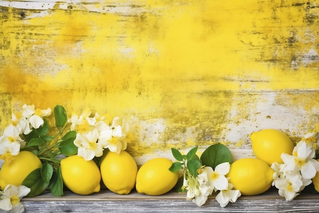 A yellow background with lemons and flowers