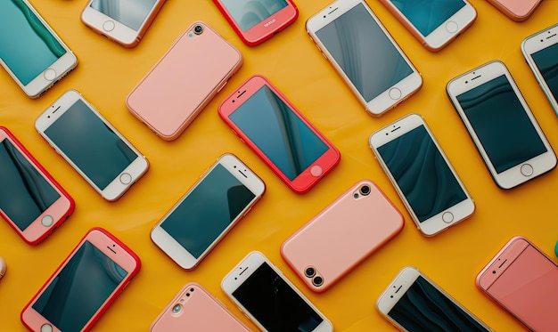 a yellow background with many phones on it