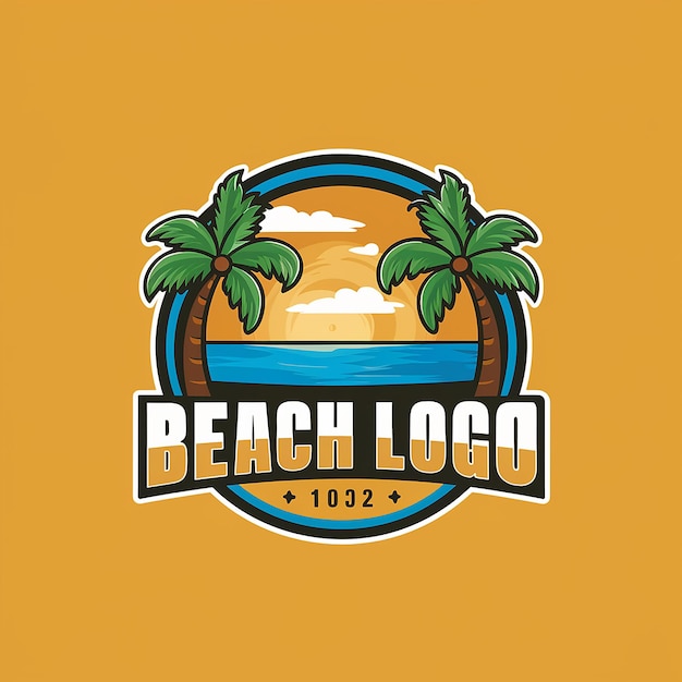 a yellow background with palm trees and a beach logo