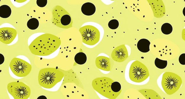 a yellow background with a pattern of kiwi fruit and kiwi