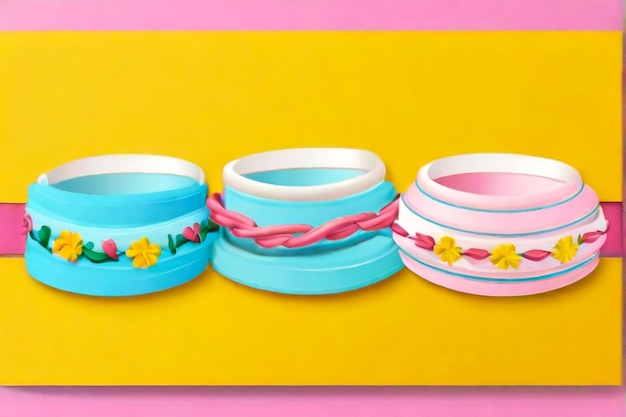 a yellow background with a pink border and a blue band on it