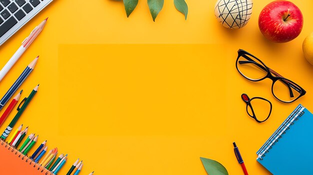 Photo yellow background with school supplies and fruit