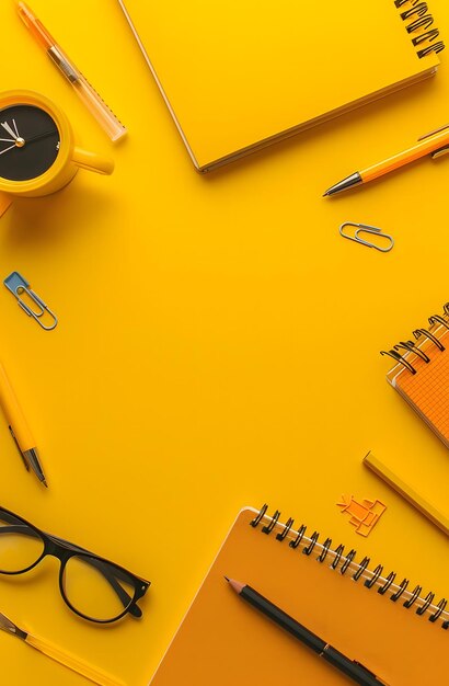 Photo yellow background with stationery and office supplies