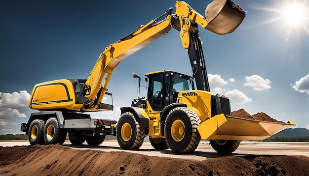 Yellow backhoe loader loads the earth into a truck against the sky