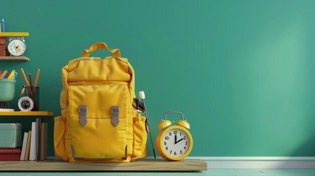 Yellow backpack alarm clock on wooden table