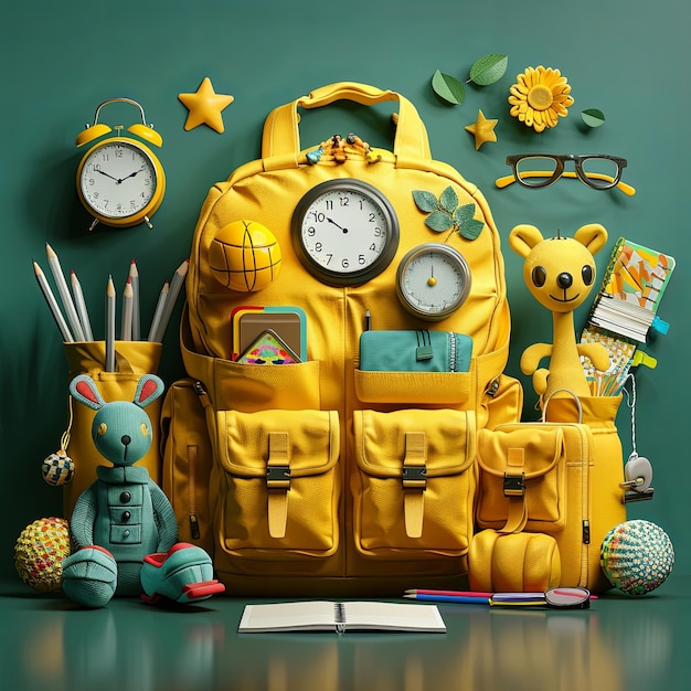 A yellow backpack amidst toys and clocks on a green background