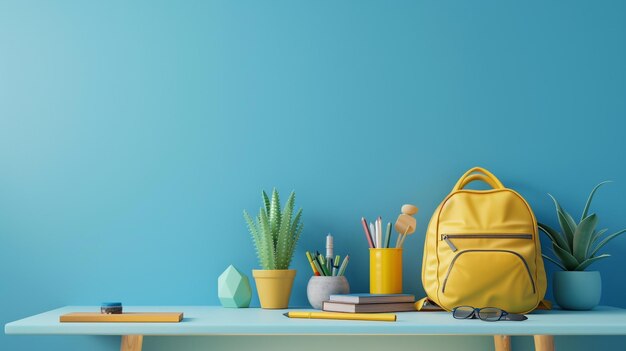 Yellow backpack books succulents on blue table