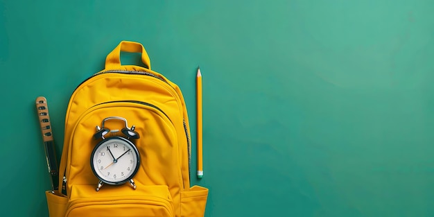 Photo yellow backpack clock and pencil on a green background back to school concept