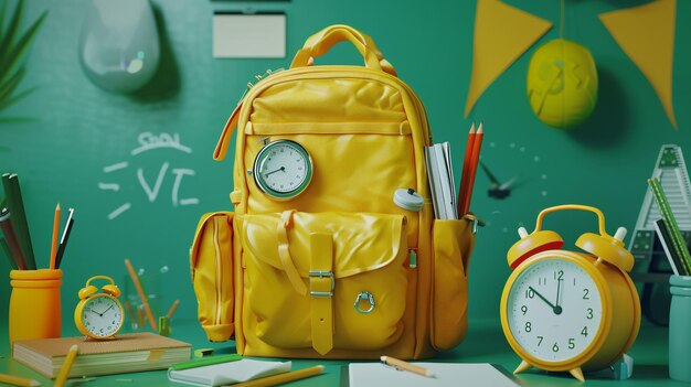 Yellow backpack clock and school supplies on desk