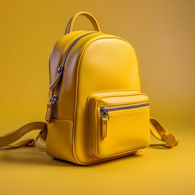 a yellow backpack is sitting on a table with a yellow background.