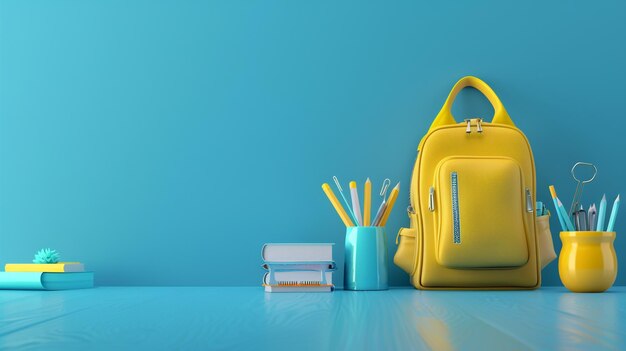 Yellow backpack and school supplies on blue desk with blue wall