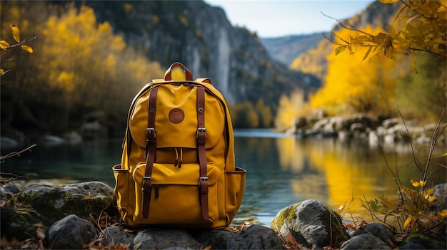 a yellow backpack sits on a rock by a lake in the mountains.