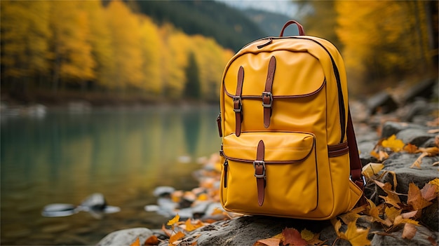 a yellow backpack sits on a rock next to a lake with a forest in the background.