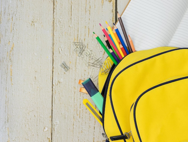 Yellow backpack on the table with school supplies