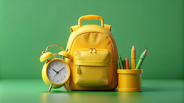 yellow backpack with alarm clock and school equipm