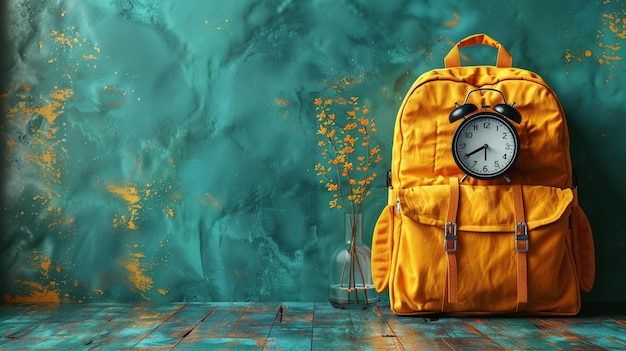 Yellow backpack with alarm clock and school equipment Back to school concept Yellow backpack with al