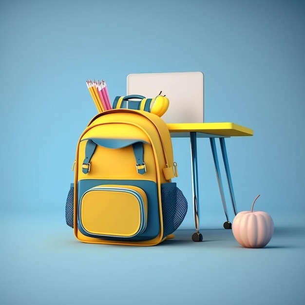 A yellow backpack with a blue handle sits on a desk next to a computer.