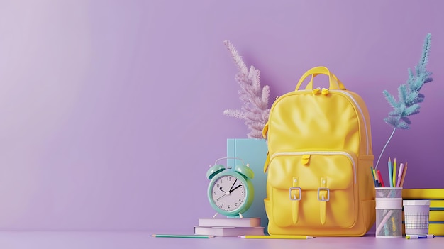 a yellow backpack with a blue pocket watch next to a clock