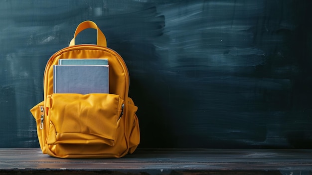 Yellow Backpack with Books Against a Chalkboard Background