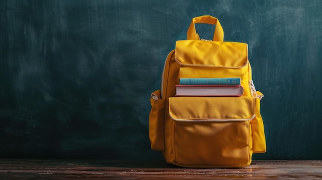 Yellow Backpack with Books in Front of a Chalkboard