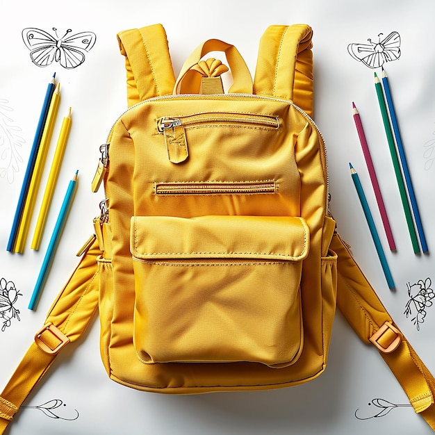 a yellow backpack with a butterfly design on the back