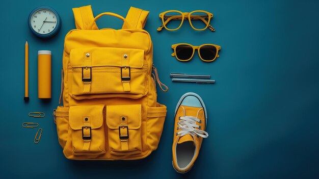 Photo yellow backpack with school supplies back to school concept