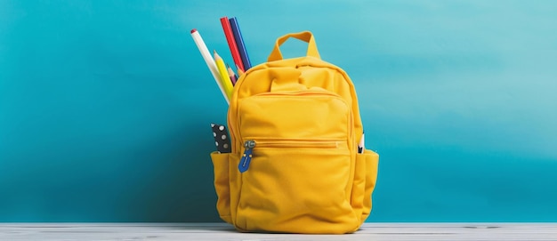 Yellow Backpack with School Supplies on a Blue Background