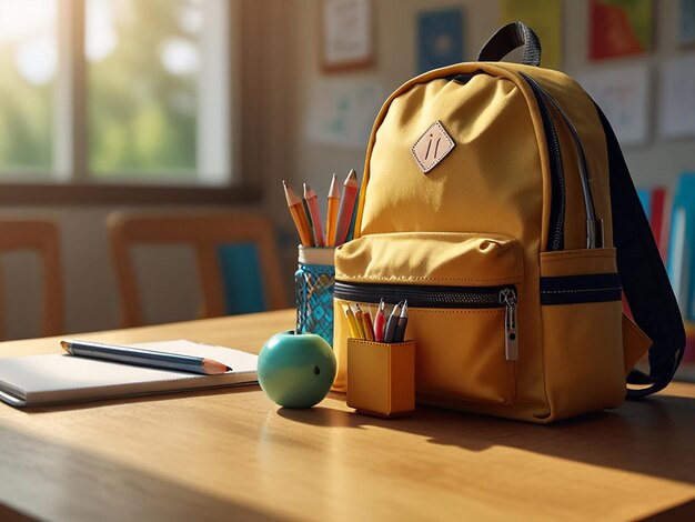 a yellow backpack with a tag that says quot s quot on it