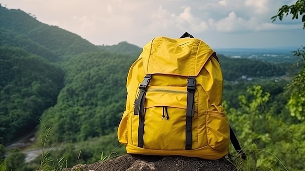 A yellow backpack with the word travel on it sits on a rock in front of a mountain landscape.