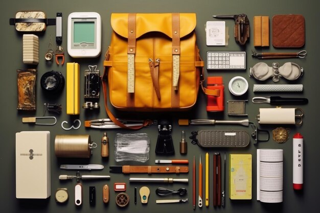 A yellow backpack with the word travel on it