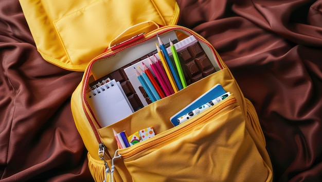 a yellow backpack with a yellow top that has a pencil in it