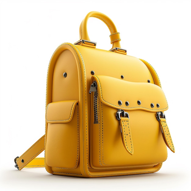 a yellow backpack with a zipper and a strap that says quot the back of it quot