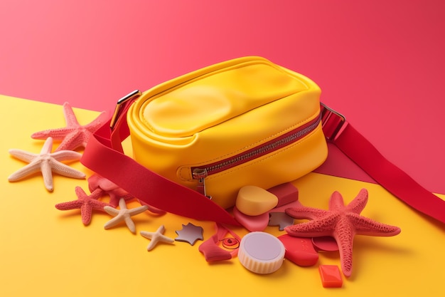 A yellow bag with a red strap and a red starfish on it.