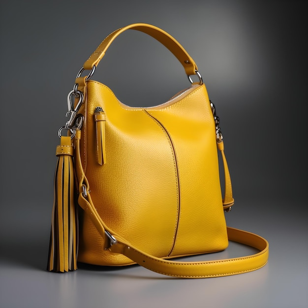 A yellow bag with a silver tassel on it