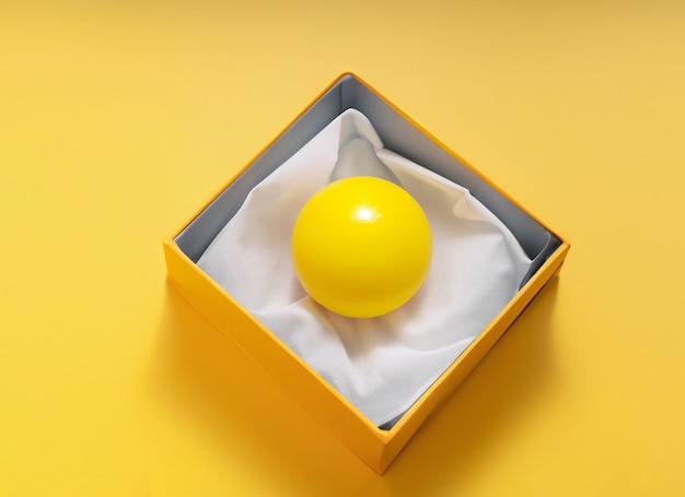 Yellow ball in boxgift or surprise conceptsfunny background