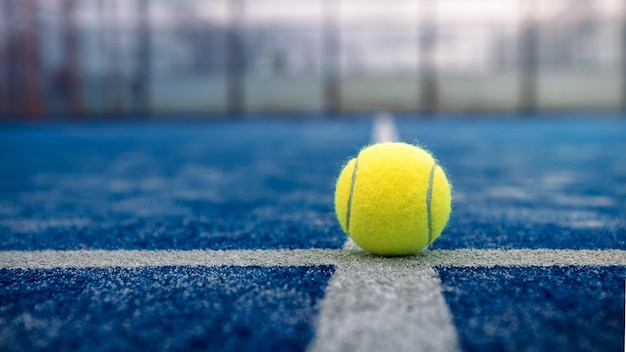 Yellow ball on floor behind paddle net in blue court outdoors Padel tennis is a racquet game Professional sport concept