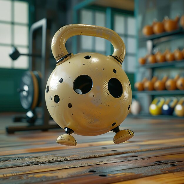 Photo a yellow ball with black dots and holes on it is on a wooden table